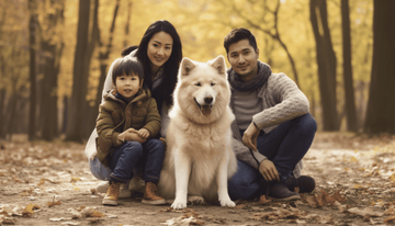 A vibrant family and their energetic dog enjoying a day in the forest, embodying 'The Good Pupp' brand's emphasis on the importance of nutrition and regular exercise for a dog's overall health and well-being.