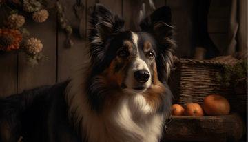 A healthy dog sitting attentively near baskets of fresh apples, symbolizing the benefits of apples in a dog's diet, as promoted by 'The Good Pupp' brands.