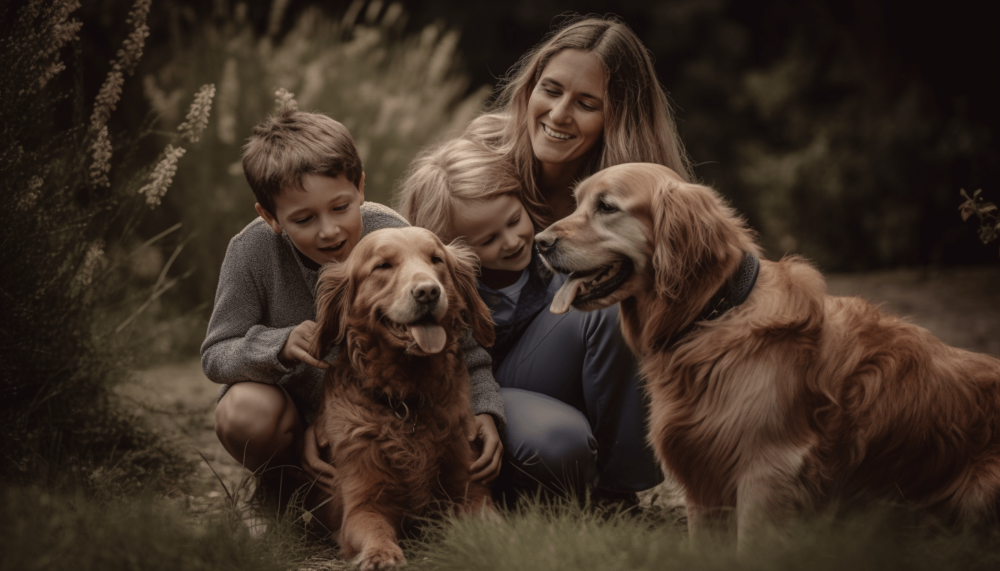 A mother and her two children enjoying quality time with their two Irish Setters in a park, illustrating 'The Good Pupp' brand's message about the numerous benefits of having a dog, including companionship, responsibility, and physical activity.