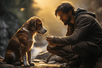 A kind man using The Good Pupp™ treats to teach his Beagle how to sit and stay, demonstrating effective dog training techniques.