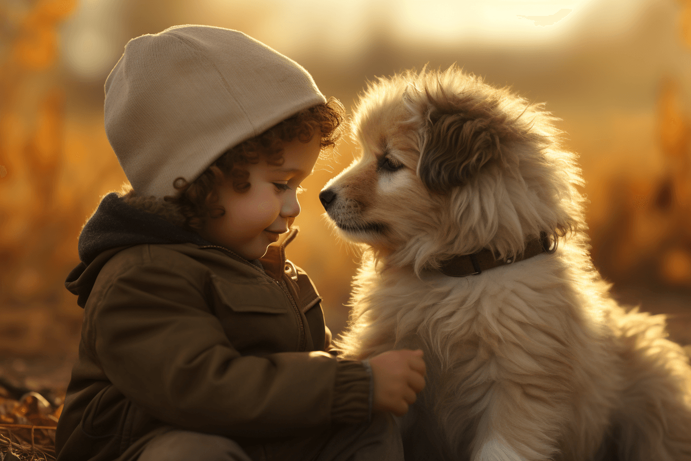 A little girl enjoying a sunny day in a golden field with her puppy, a moment of bonding and training with The Good Pupp™ treats, illustrating our guide on how to stop your puppy from excessive licking.