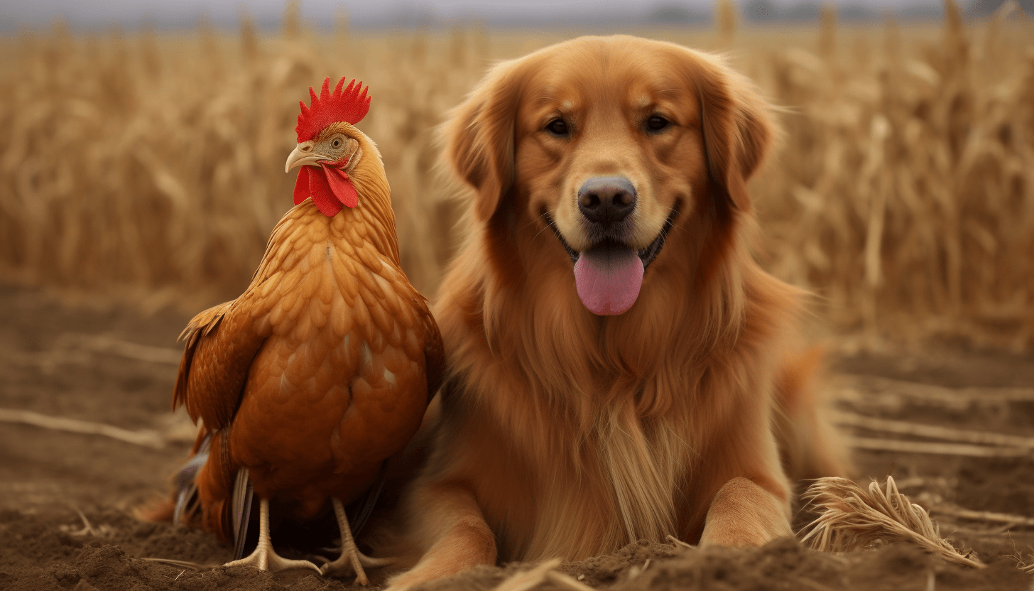 A beautiful Golden Retriever and a majestic rooster sitting together in a wheat field, embodying the diverse and harmonious spirit of 'The Good Pupp' brands