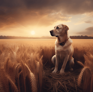 A yellow Labrador Retriever, embodying the spirit of 'The Good Pupp' brand, sitting attentively in a golden wheat field during a beautiful sunrise.