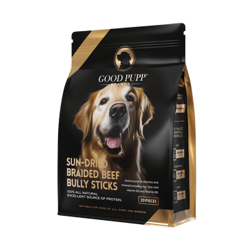 The Good Pupp™ Sun-Dried Braided Beef Bully Sticks For Dogs. Premium Hand Selected, Sun-Dried Braided Beef Bully Sticks.